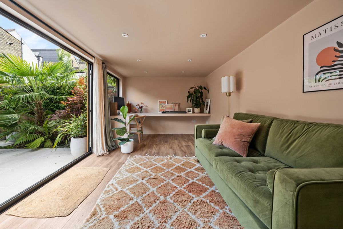 Example garden office exterior with decking