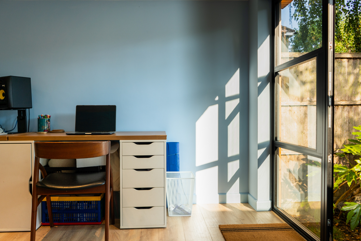 Example garden office exterior with decking